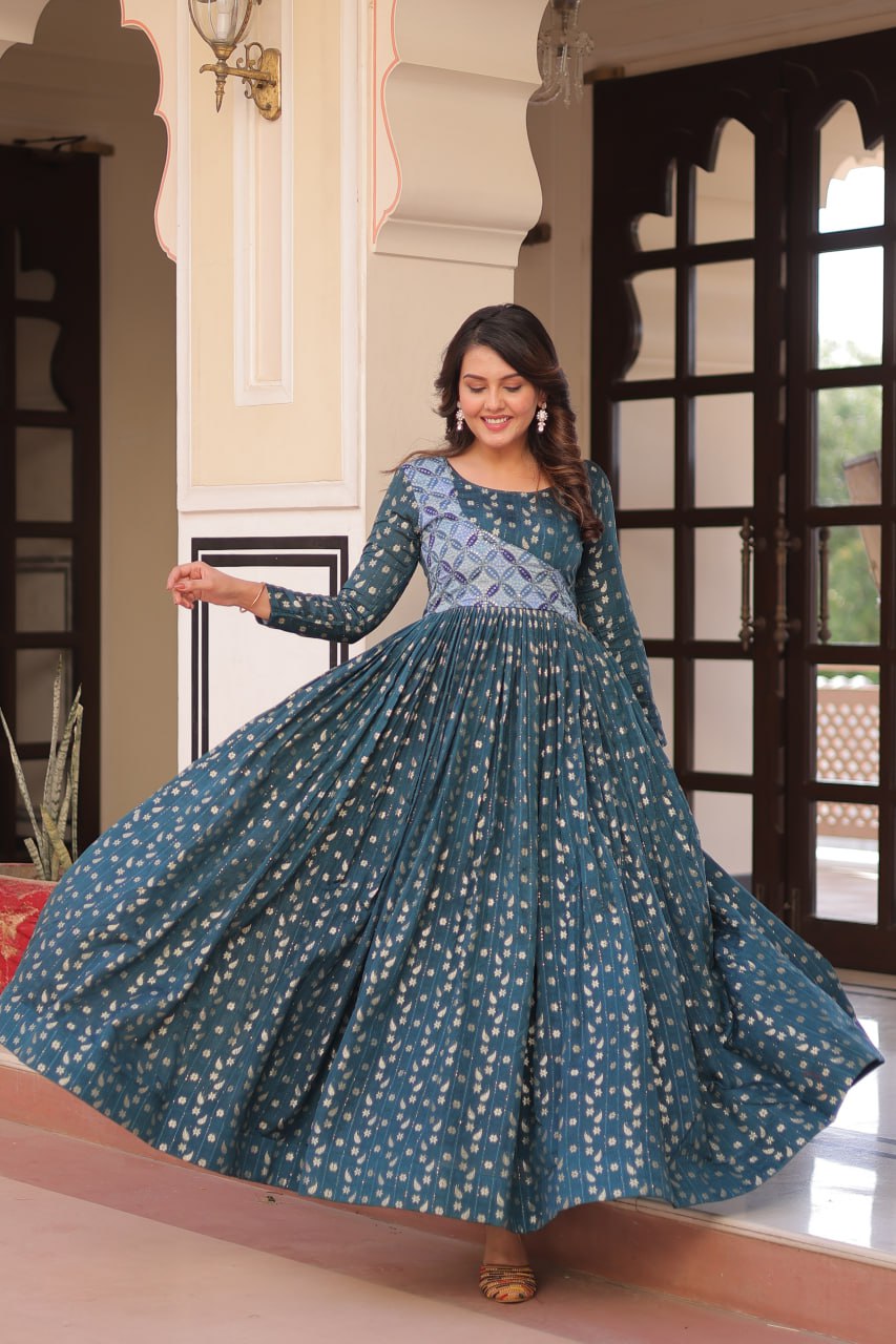 Unique Rama Color Position Print Choli With Staple Jacquard Weaving Work Gown