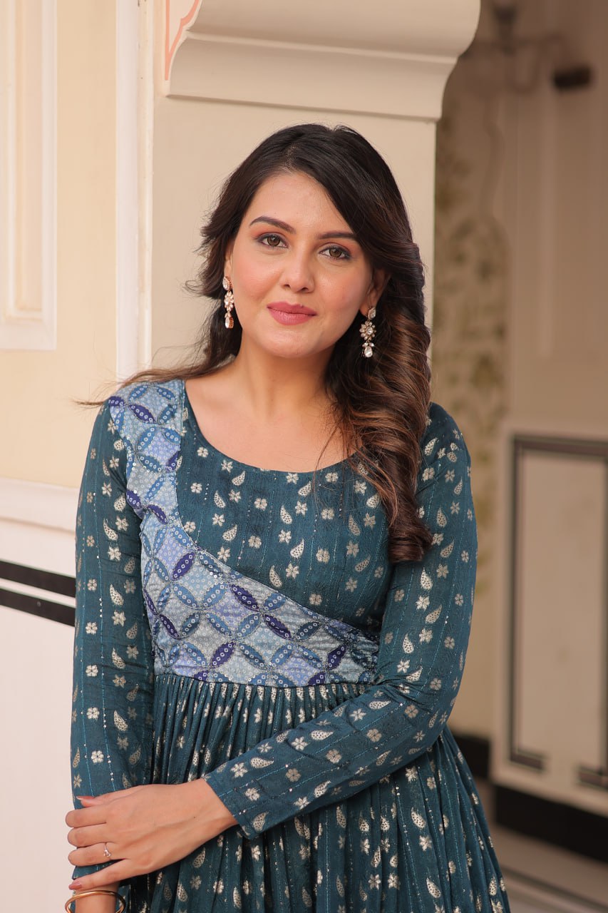 Unique Rama Color Position Print Choli With Staple Jacquard Weaving Work Gown