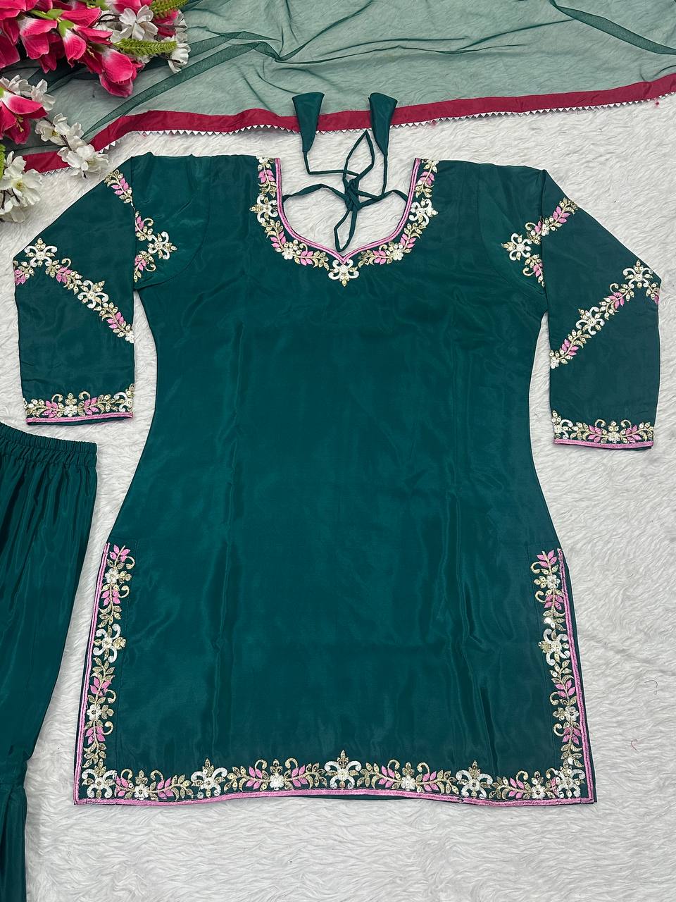 Glossy Teal Green Color Natural Crepe With Heavy Embroidery Work Sharara Suit