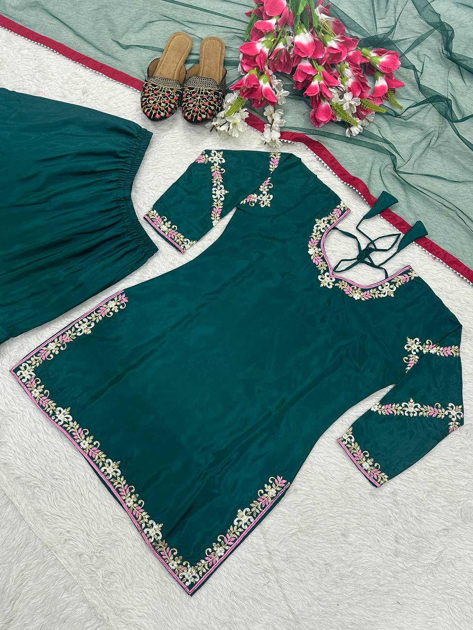 Glossy Teal Green Color Natural Crepe With Heavy Embroidery Work Sharara Suit