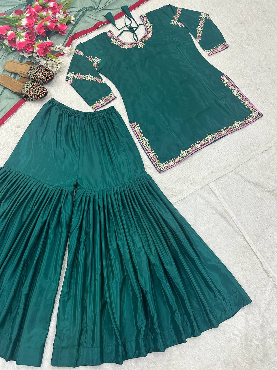 Glossy Teal Green Color Natural Crepe With Heavy Embroidery Work Sharara Suit