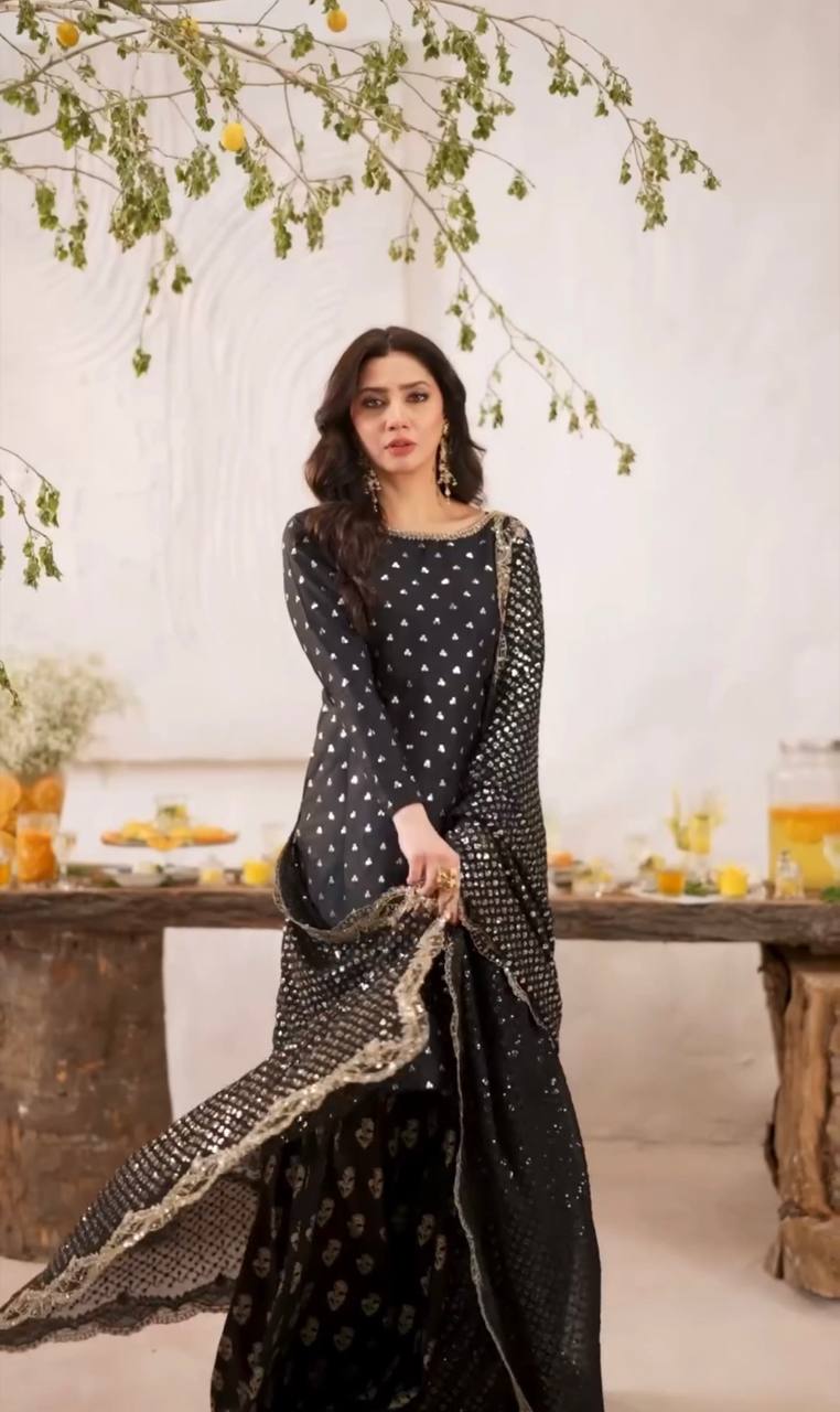 Wedding Wear Black Color Heavy Faux Georgette With Embroidery Sequence Work Palazzo Suit