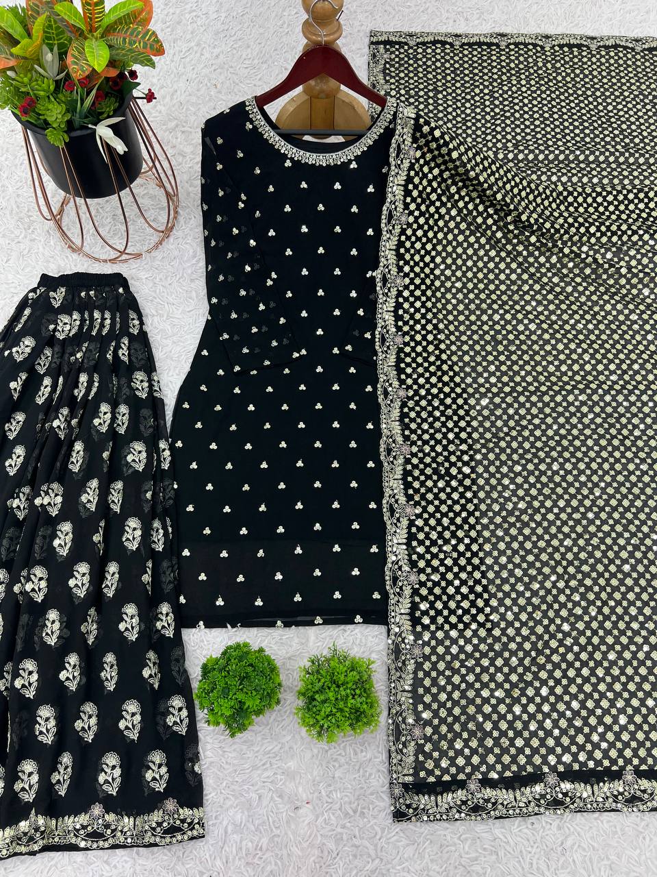 Wedding Wear Black Color Heavy Faux Georgette With Embroidery Sequence Work Palazzo Suit