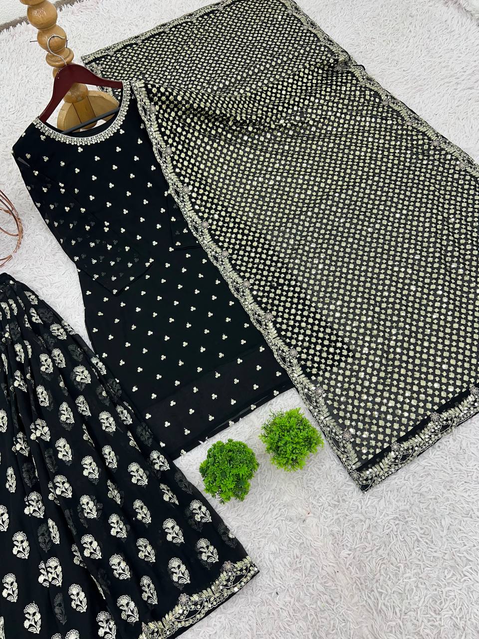 Wedding Wear Black Color Heavy Faux Georgette With Embroidery Sequence Work Palazzo Suit