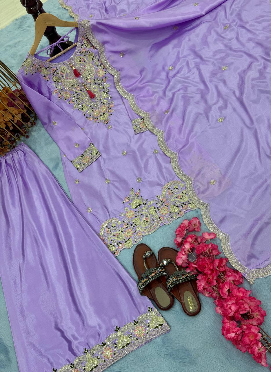 Party Wear Lavender Color Heavy Chinon Silk With Embroidery Sequence And Coding Dori Work Palazzo Suit