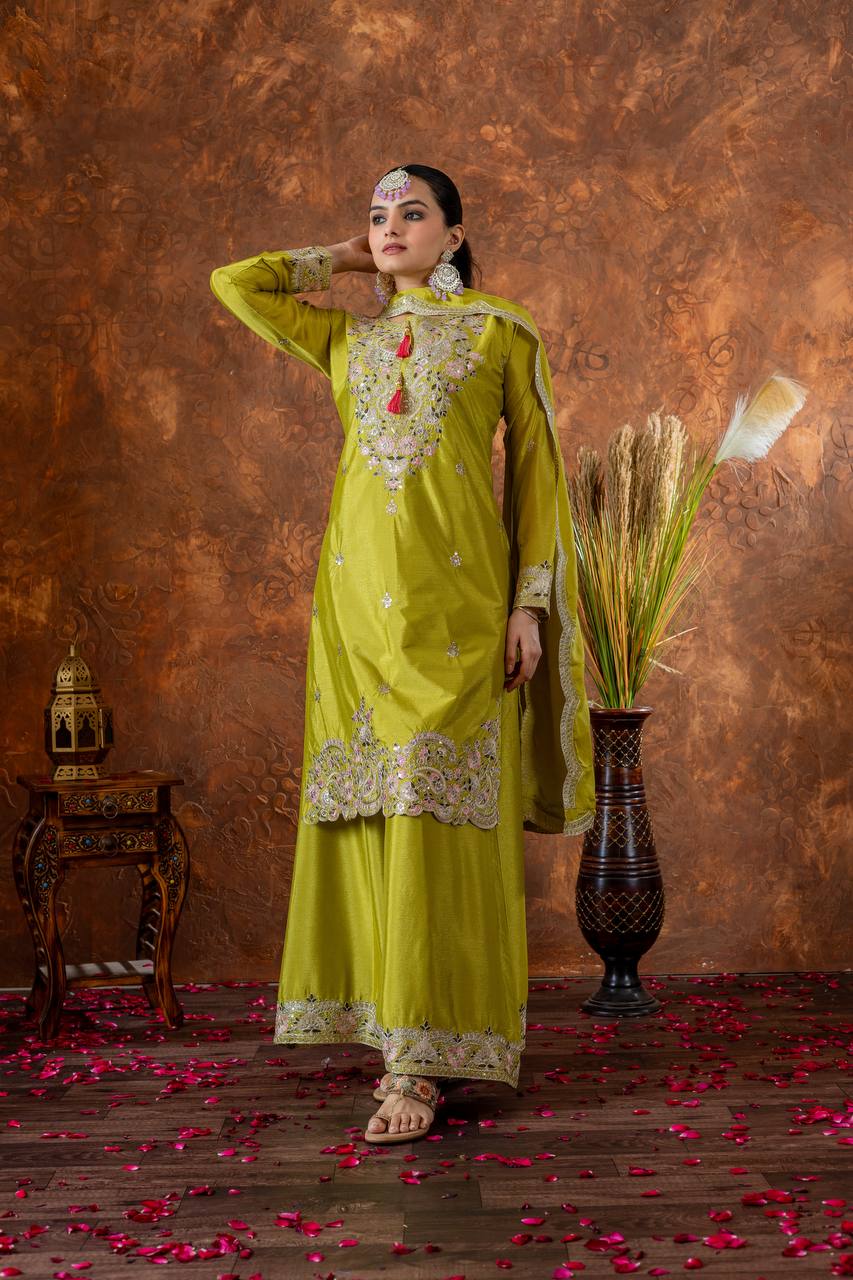 Party Wear Parrot Green Heavy Chinon Silk With Embroidery Sequence And Coding Dori Work Palazzo Suit