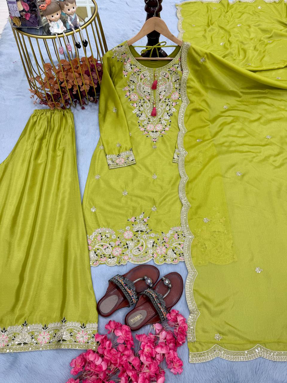 Party Wear Parrot Green Heavy Chinon Silk With Embroidery Sequence And Coding Dori Work Palazzo Suit