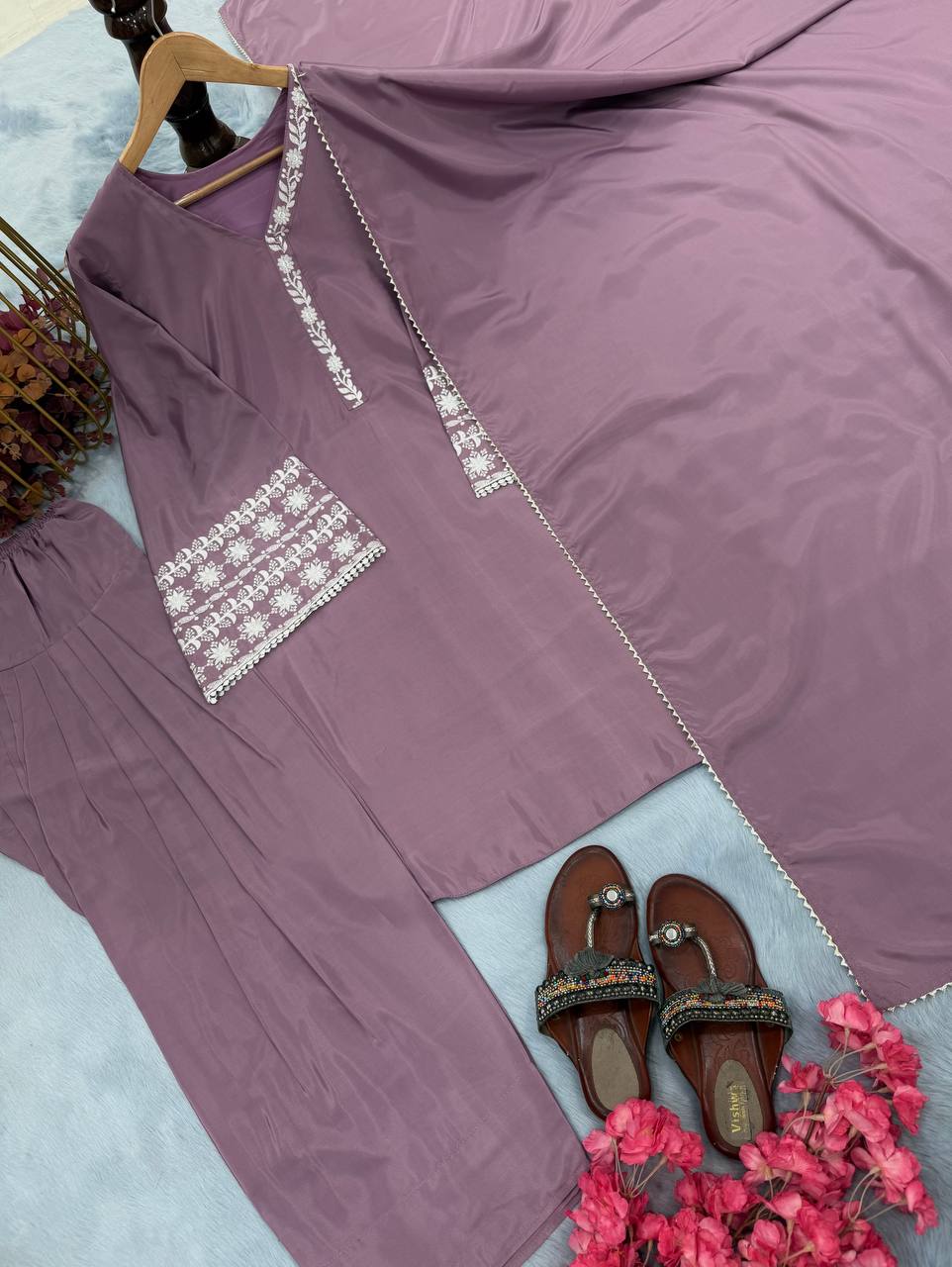 Function Wear Lavender Color Natural Satin With Embroidery Work Beautiful Palazzo Suit