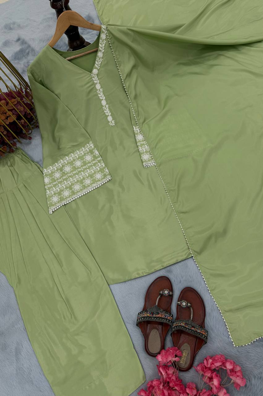 Function Wear Green Color Natural Satin With Embroidery Work Beautiful Palazzo Suit
