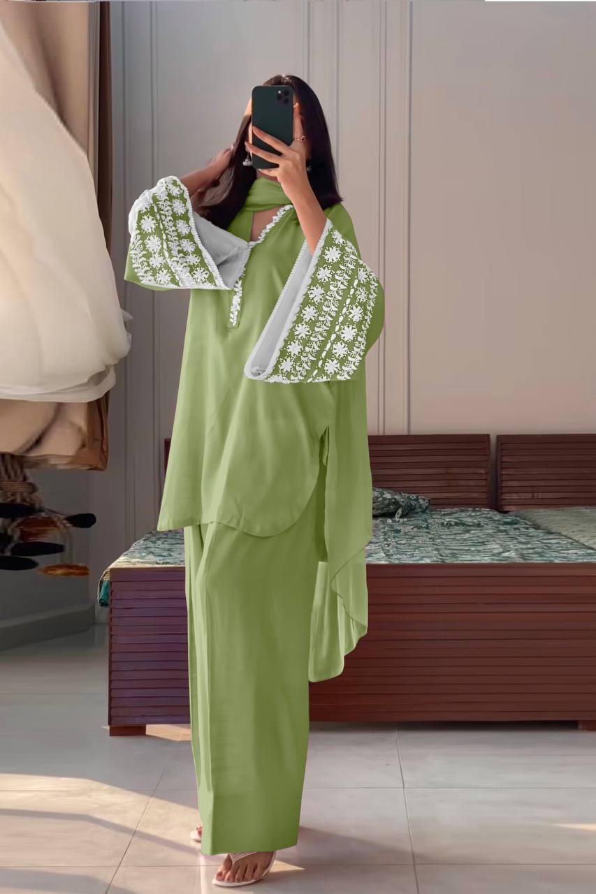 Function Wear Green Color Natural Satin With Embroidery Work Beautiful Palazzo Suit