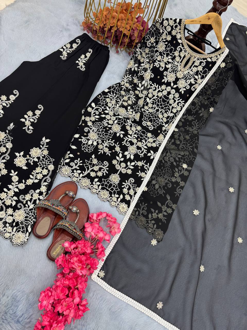 Stylish Black Color Heavy Faux Georgette With Heavy Embroidery Sequence Work Designer Palazzo Suit