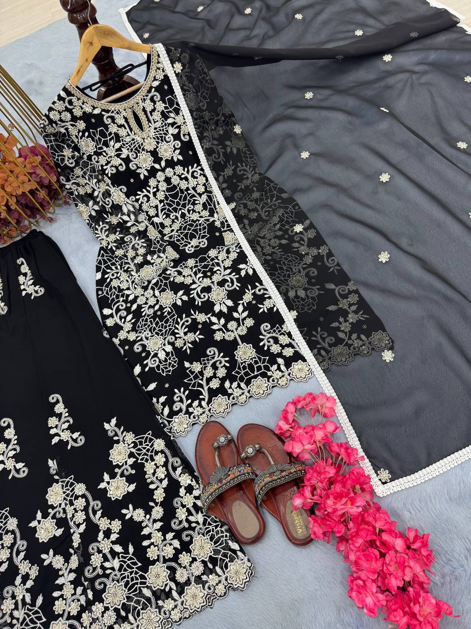 Stylish Black Color Heavy Faux Georgette With Heavy Embroidery Sequence Work Designer Palazzo Suit