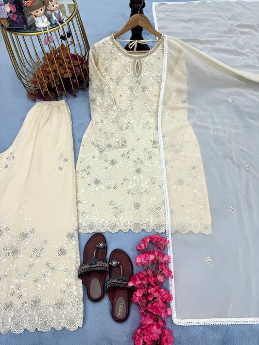 Beautiful Off White Color Heavy Faux Georgette With Heavy Embroidery Sequence Work Designer Palazzo Suit