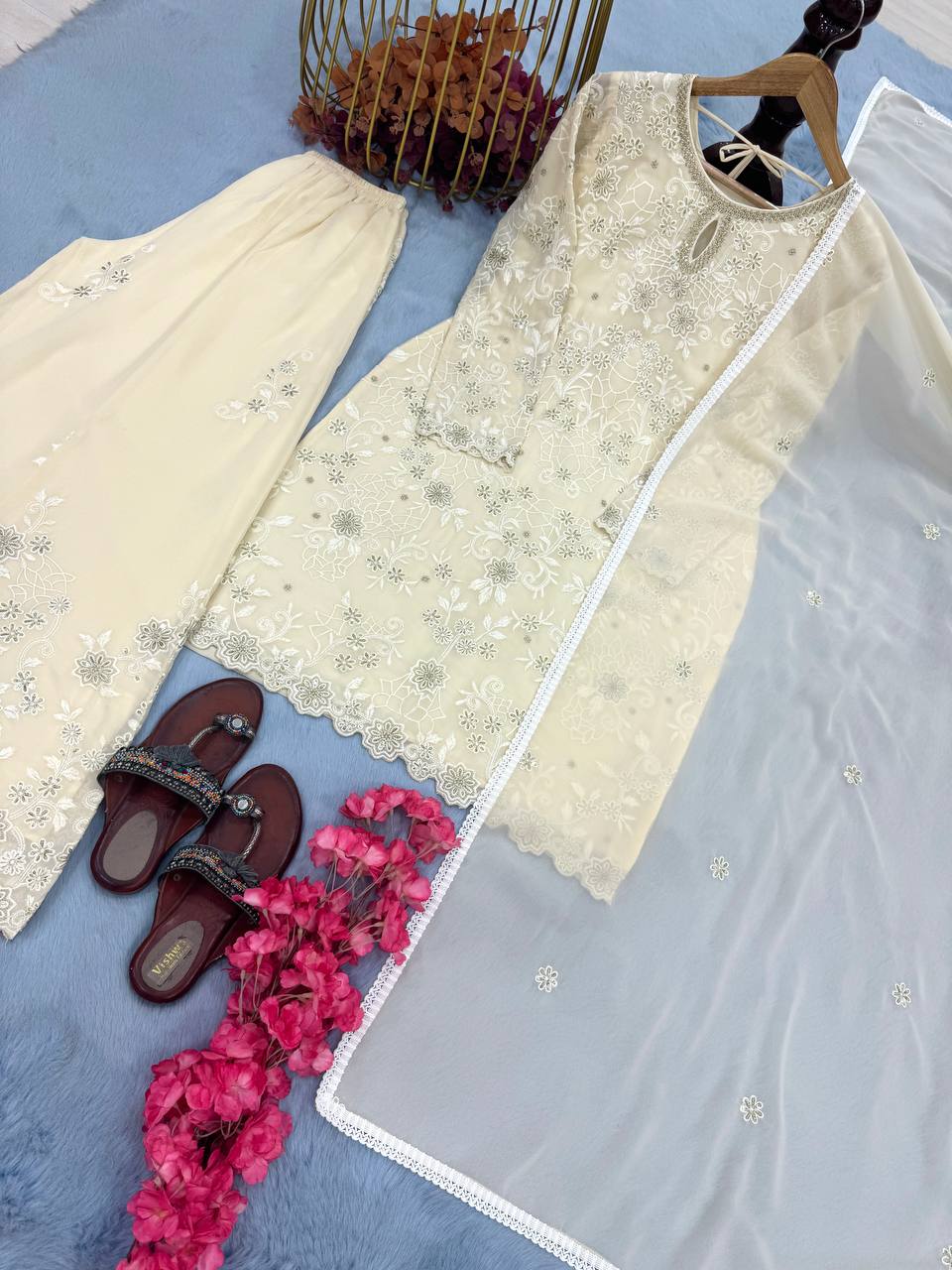 Beautiful Off White Color Heavy Faux Georgette With Heavy Embroidery Sequence Work Designer Palazzo Suit