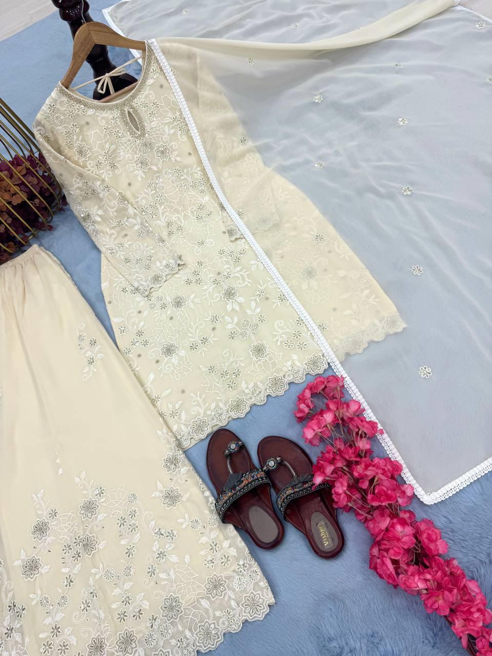 Beautiful Off White Color Heavy Faux Georgette With Heavy Embroidery Sequence Work Designer Palazzo Suit
