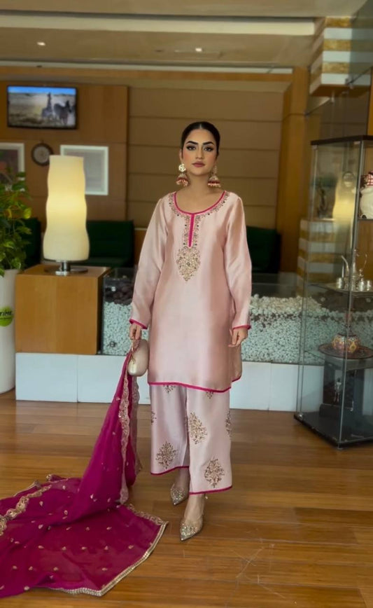 Gorgeous Peach Color Heavy Moss Satin Embroidery Sequences Work Palazzo Suit