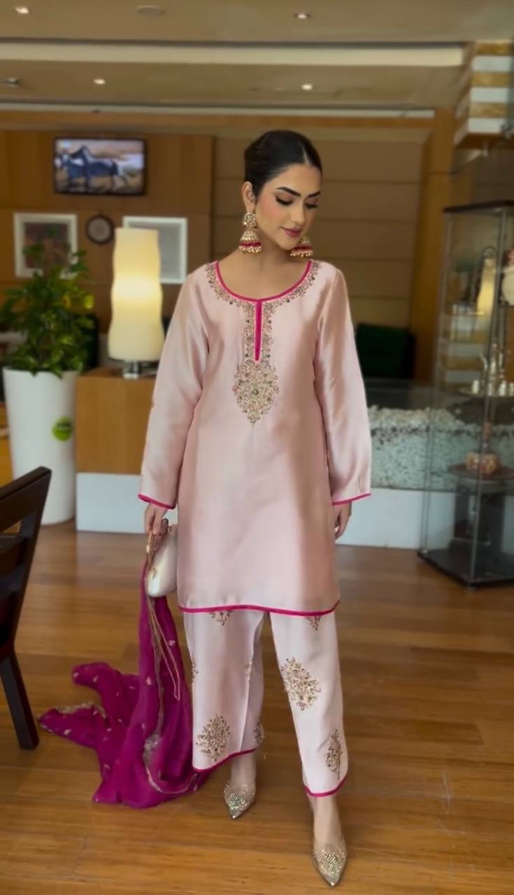 Gorgeous Peach Color Heavy Moss Satin Embroidery Sequences Work Palazzo Suit