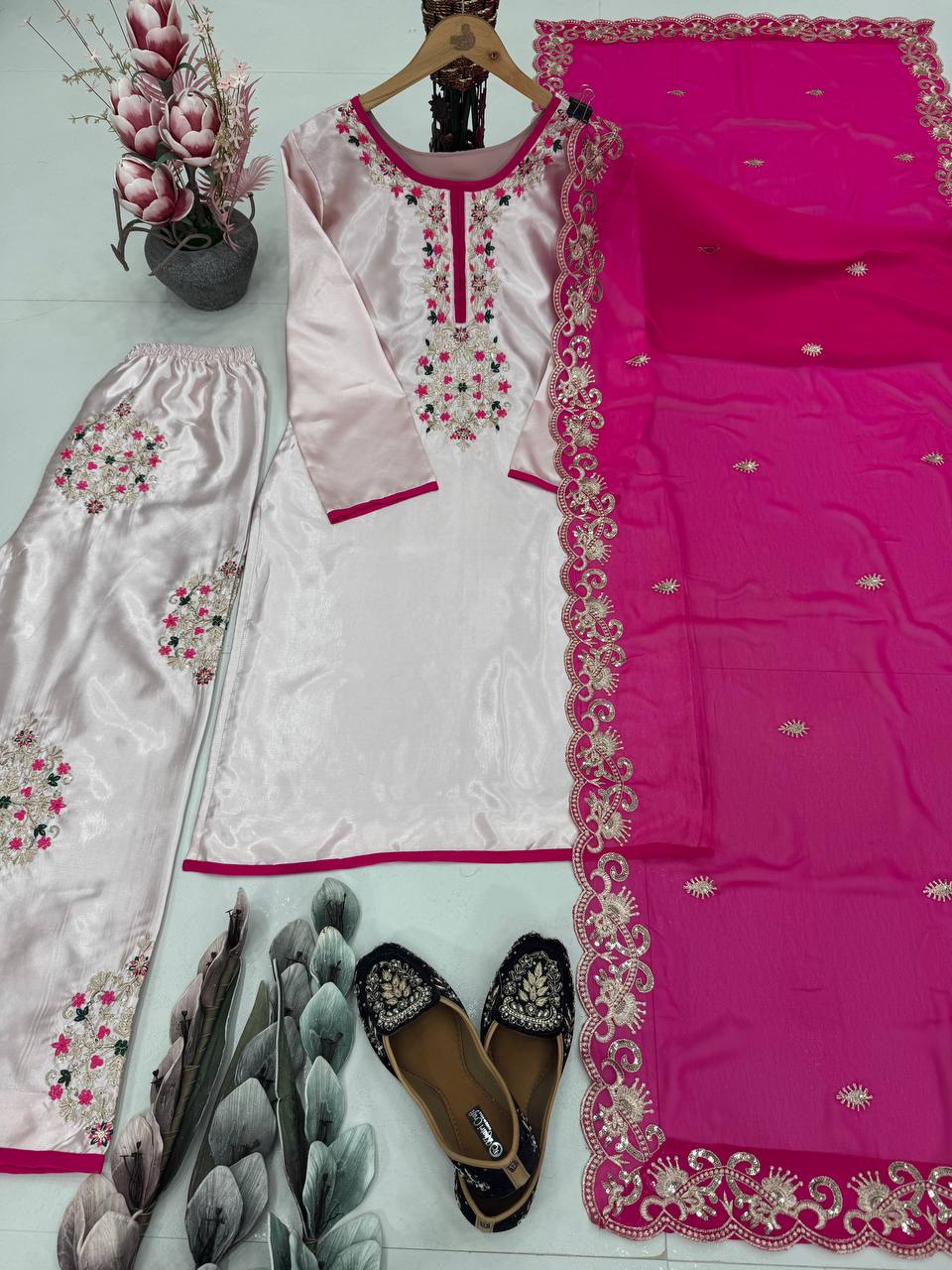 Gorgeous Peach Color Heavy Moss Satin Embroidery Sequences Work Palazzo Suit