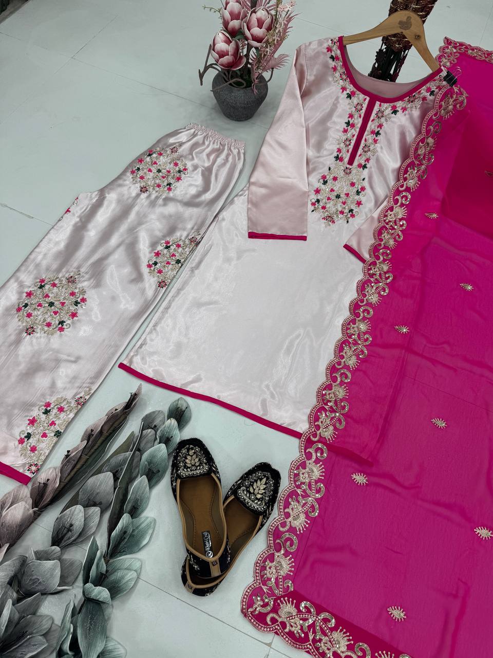Gorgeous Peach Color Heavy Moss Satin Embroidery Sequences Work Palazzo Suit