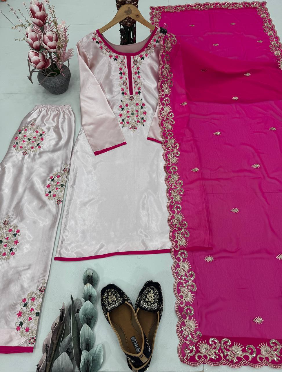 Gorgeous Peach Color Heavy Moss Satin Embroidery Sequences Work Palazzo Suit