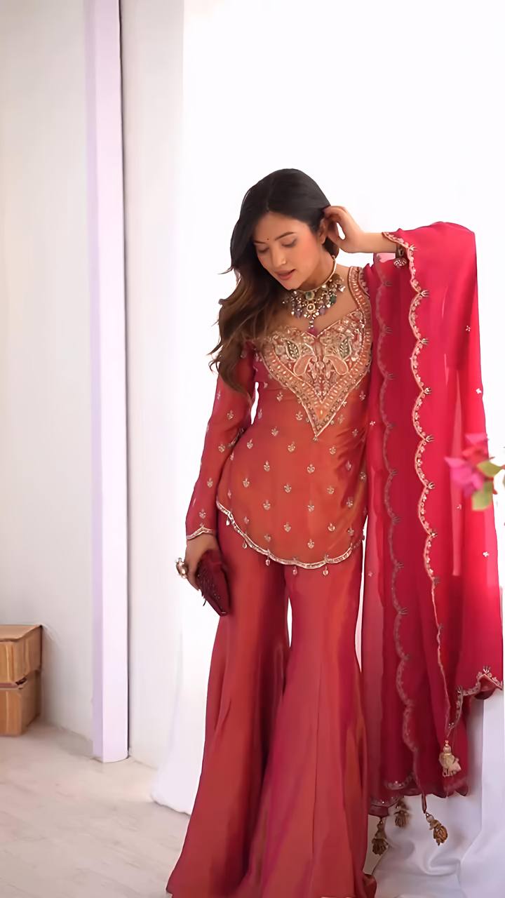 Party Wear Rose Pink Color Heavy Simar Silk With Embroidery Work Palazzo Suit