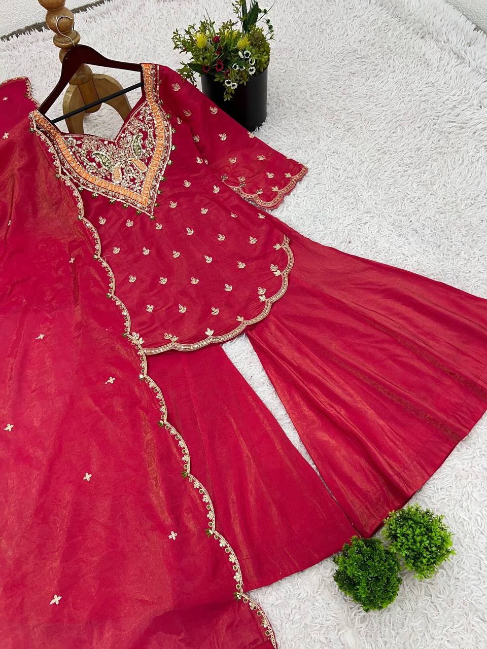 Party Wear Rose Pink Color Heavy Simar Silk With Embroidery Work Palazzo Suit