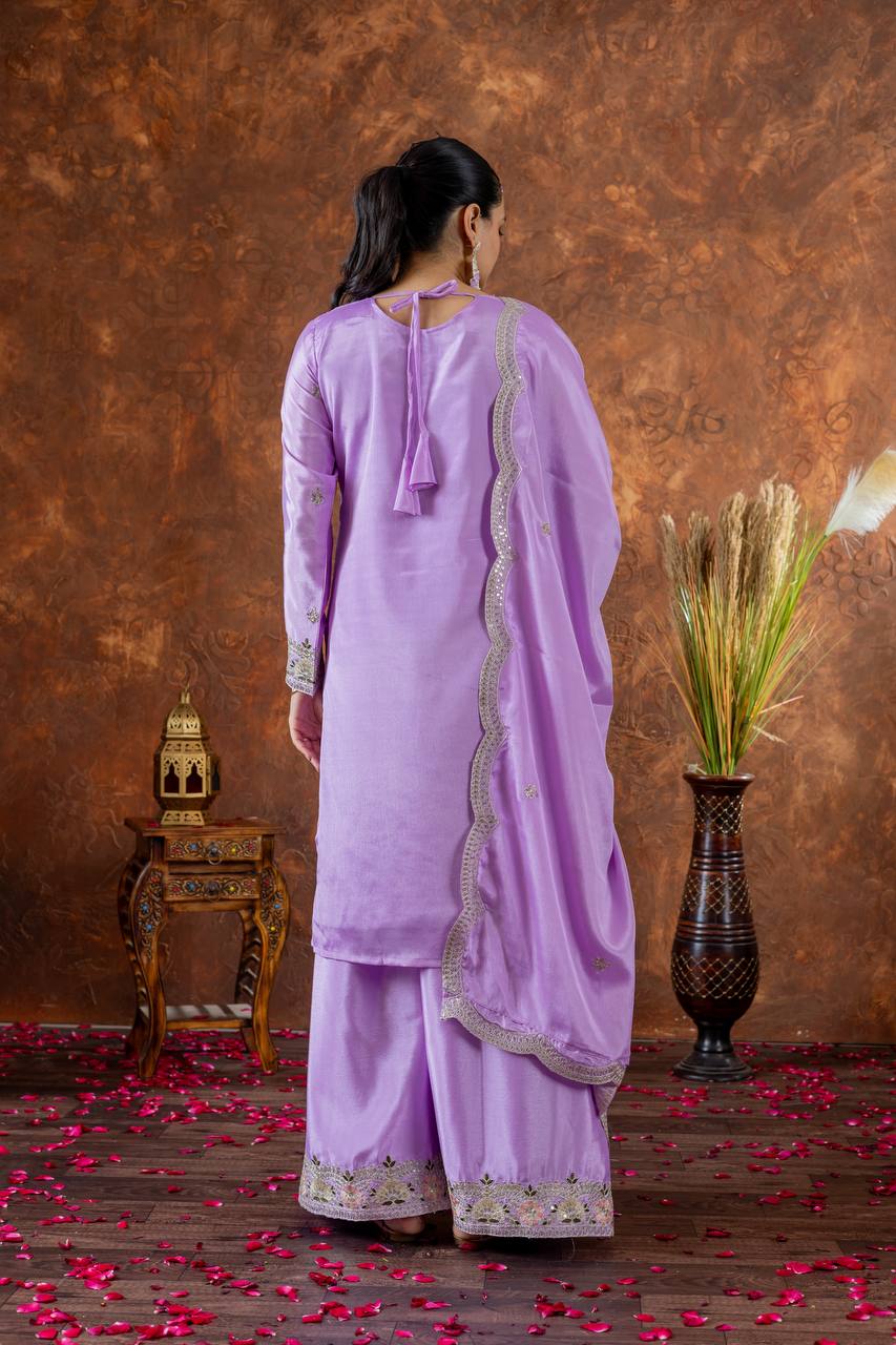Party Wear Lavender Color Heavy Chinon Silk With Embroidery Sequence And Coding Dori Work Palazzo Suit