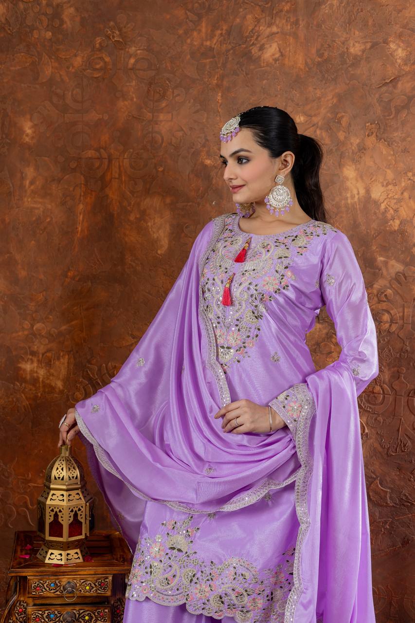 Party Wear Lavender Color Heavy Chinon Silk With Embroidery Sequence And Coding Dori Work Palazzo Suit