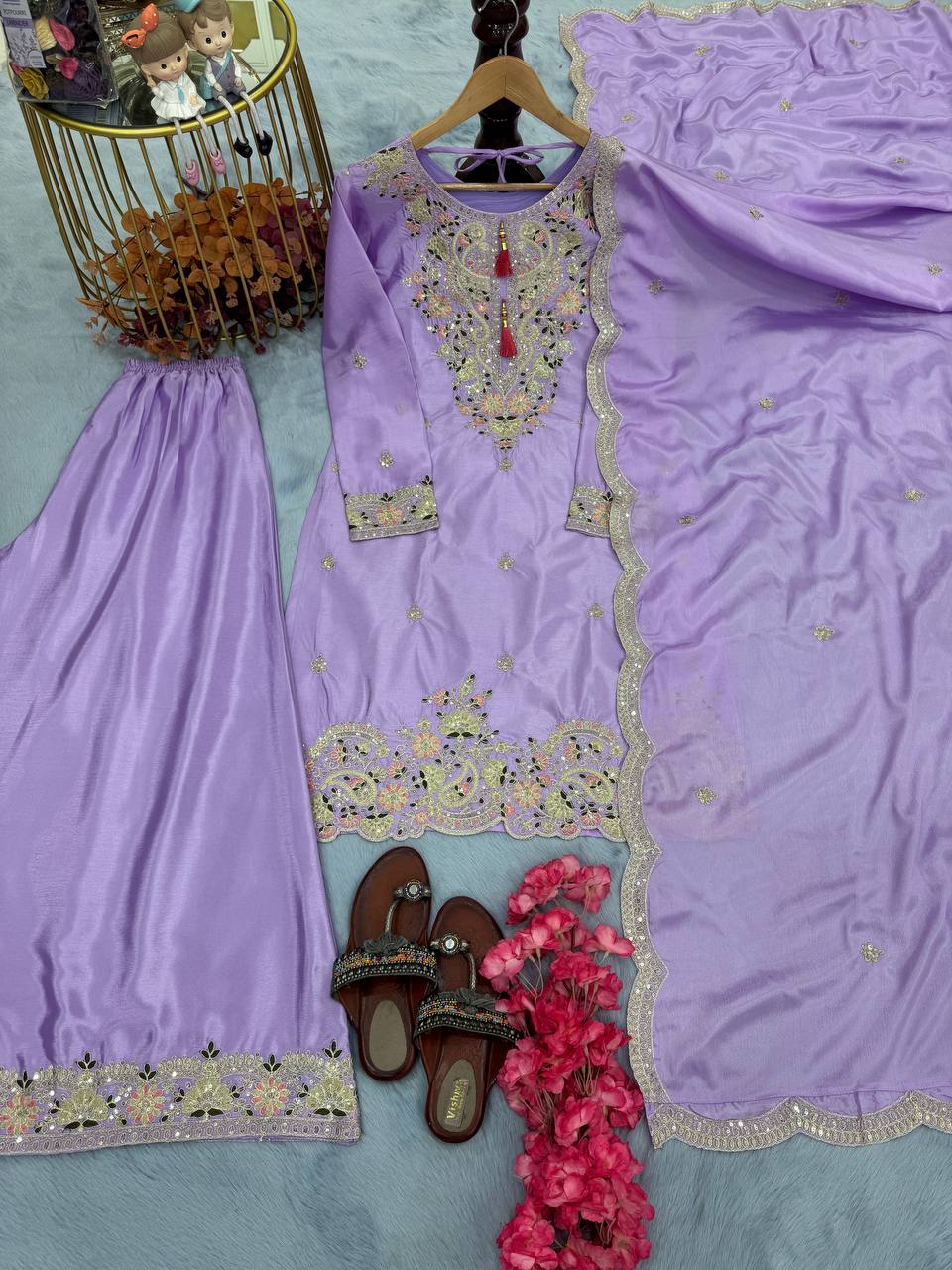 Party Wear Lavender Color Heavy Chinon Silk With Embroidery Sequence And Coding Dori Work Palazzo Suit