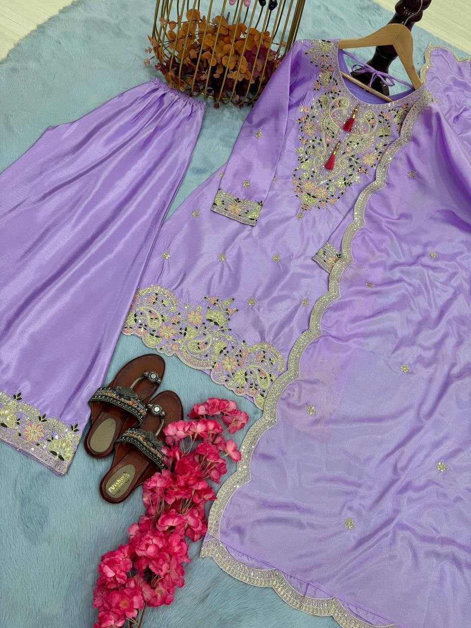 Party Wear Lavender Color Heavy Chinon Silk With Embroidery Sequence And Coding Dori Work Palazzo Suit