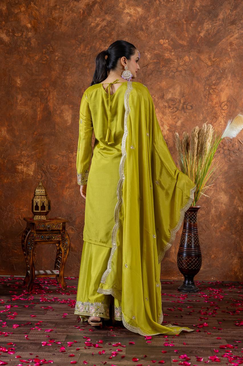Party Wear Parrot Green Heavy Chinon Silk With Embroidery Sequence And Coding Dori Work Palazzo Suit