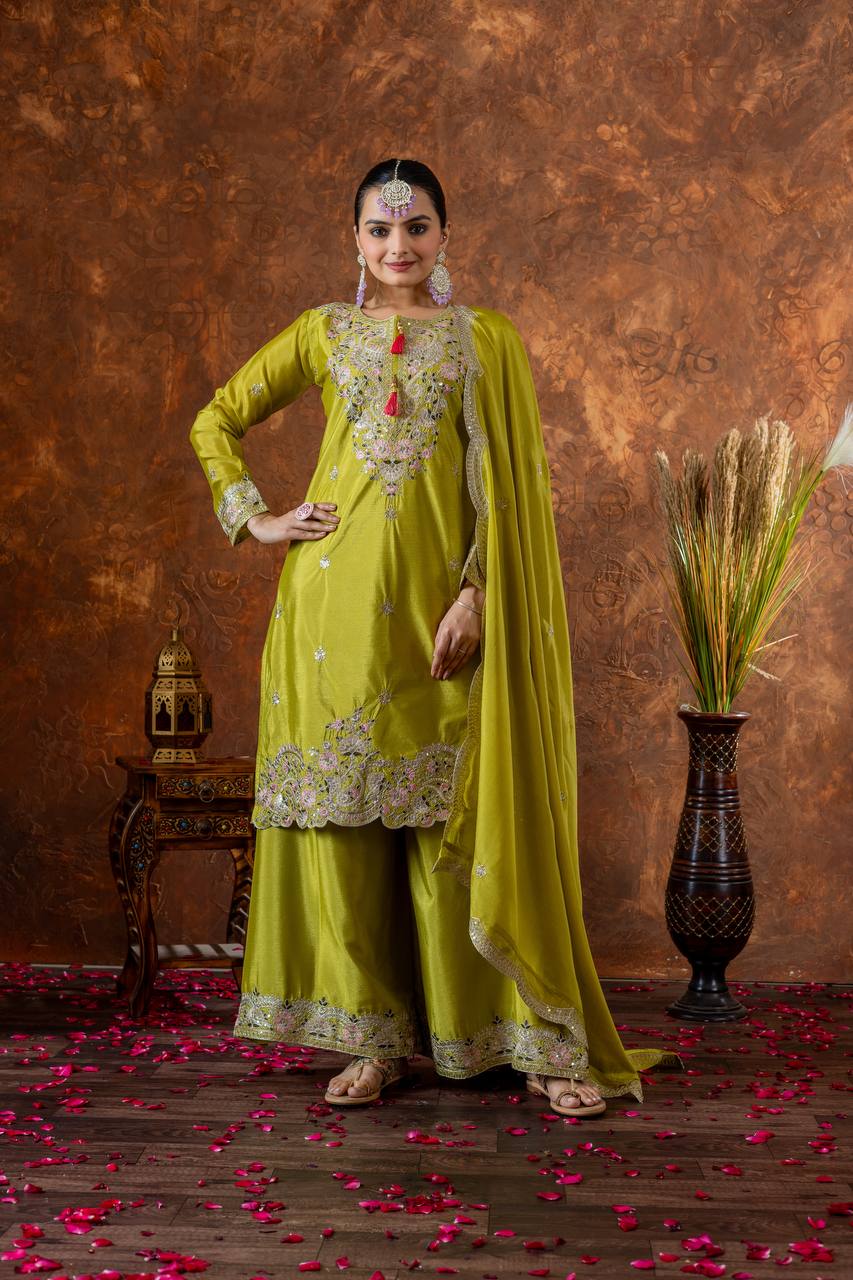 Party Wear Parrot Green Heavy Chinon Silk With Embroidery Sequence And Coding Dori Work Palazzo Suit