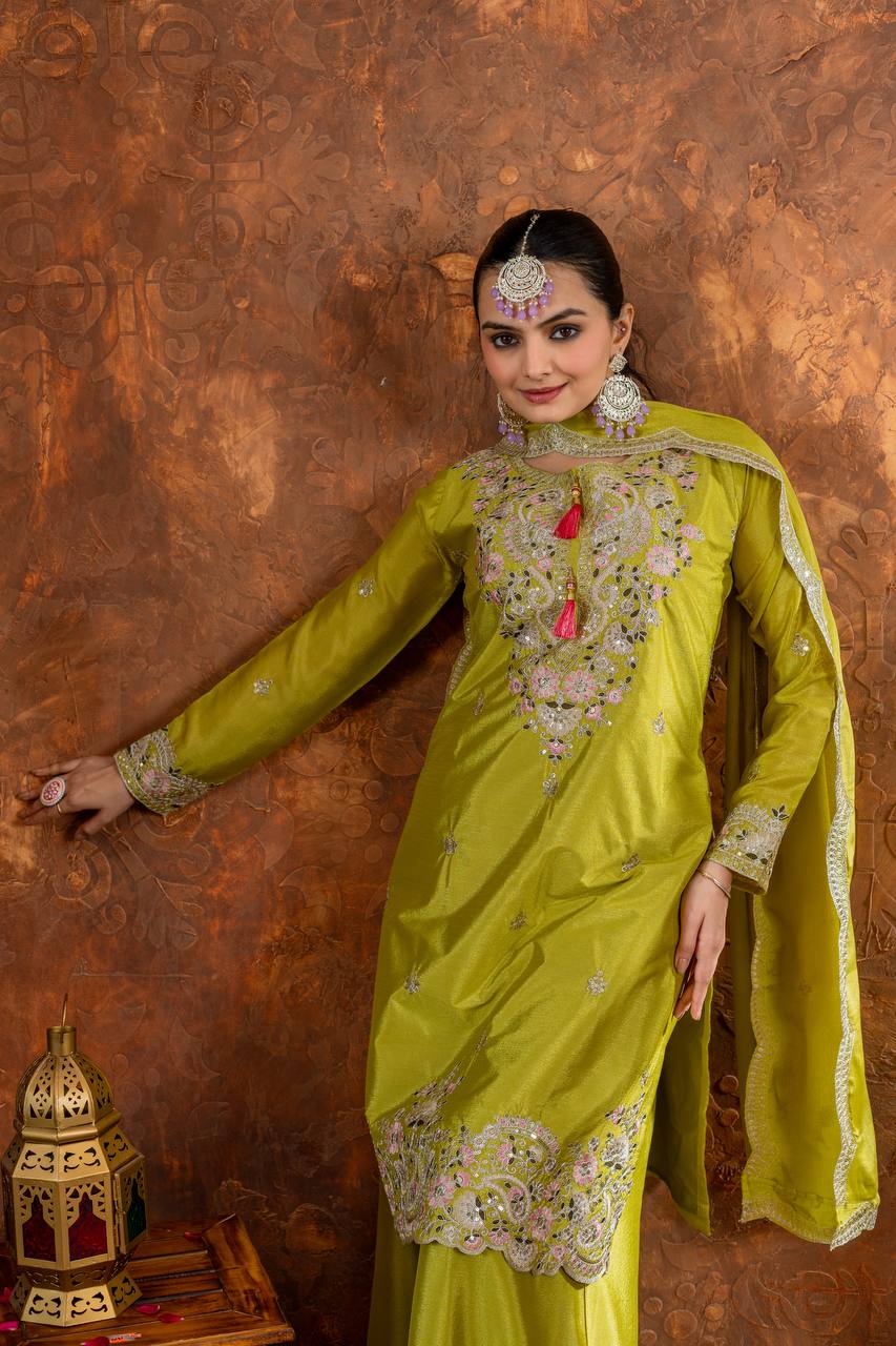 Party Wear Parrot Green Heavy Chinon Silk With Embroidery Sequence And Coding Dori Work Palazzo Suit