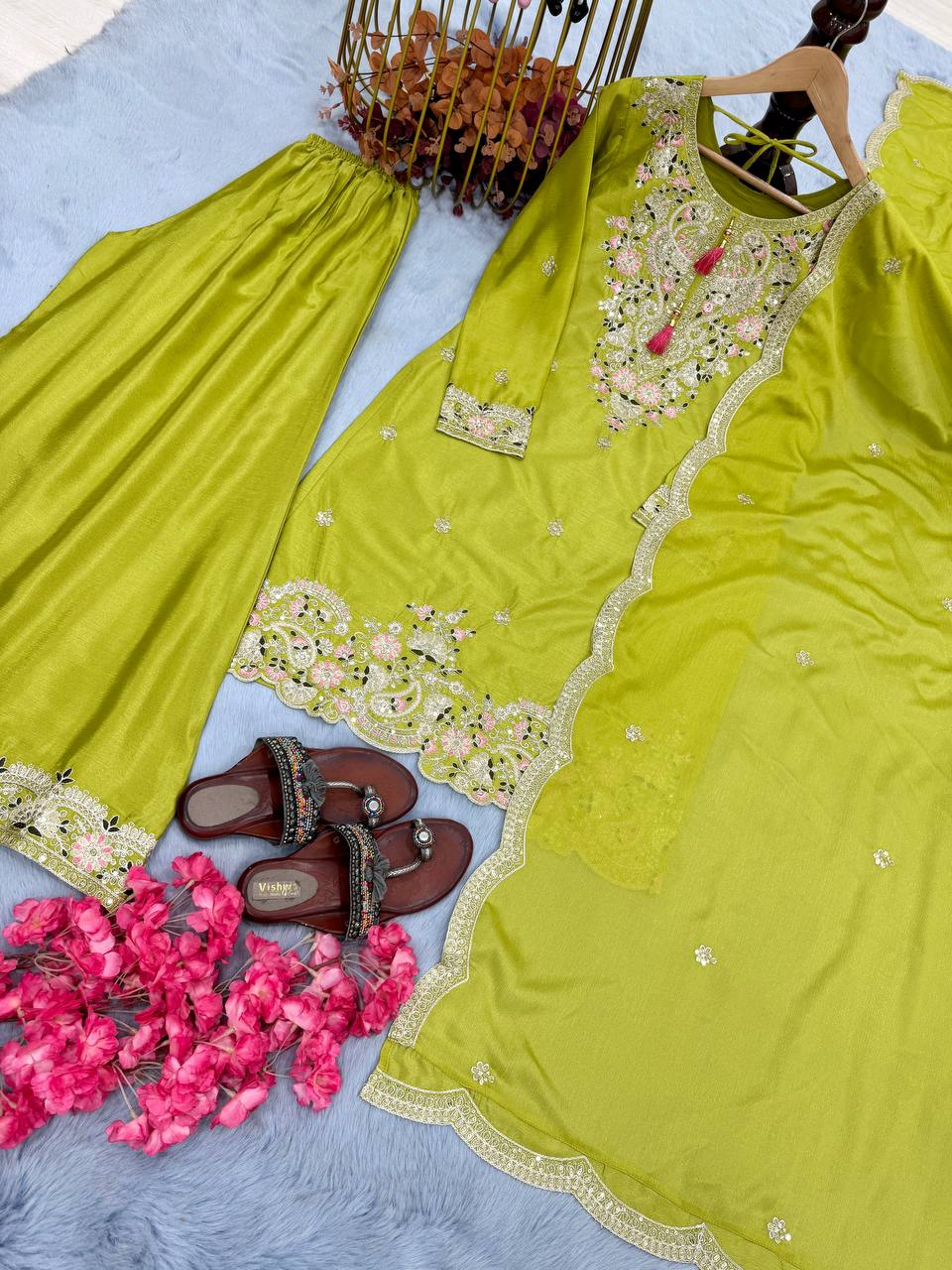 Party Wear Parrot Green Heavy Chinon Silk With Embroidery Sequence And Coding Dori Work Palazzo Suit