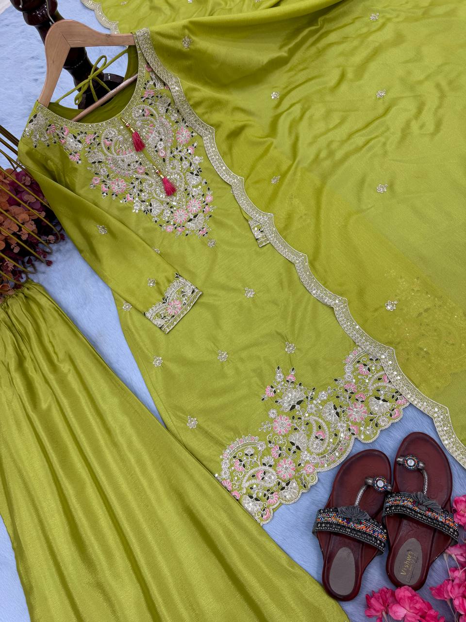 Party Wear Parrot Green Heavy Chinon Silk With Embroidery Sequence And Coding Dori Work Palazzo Suit