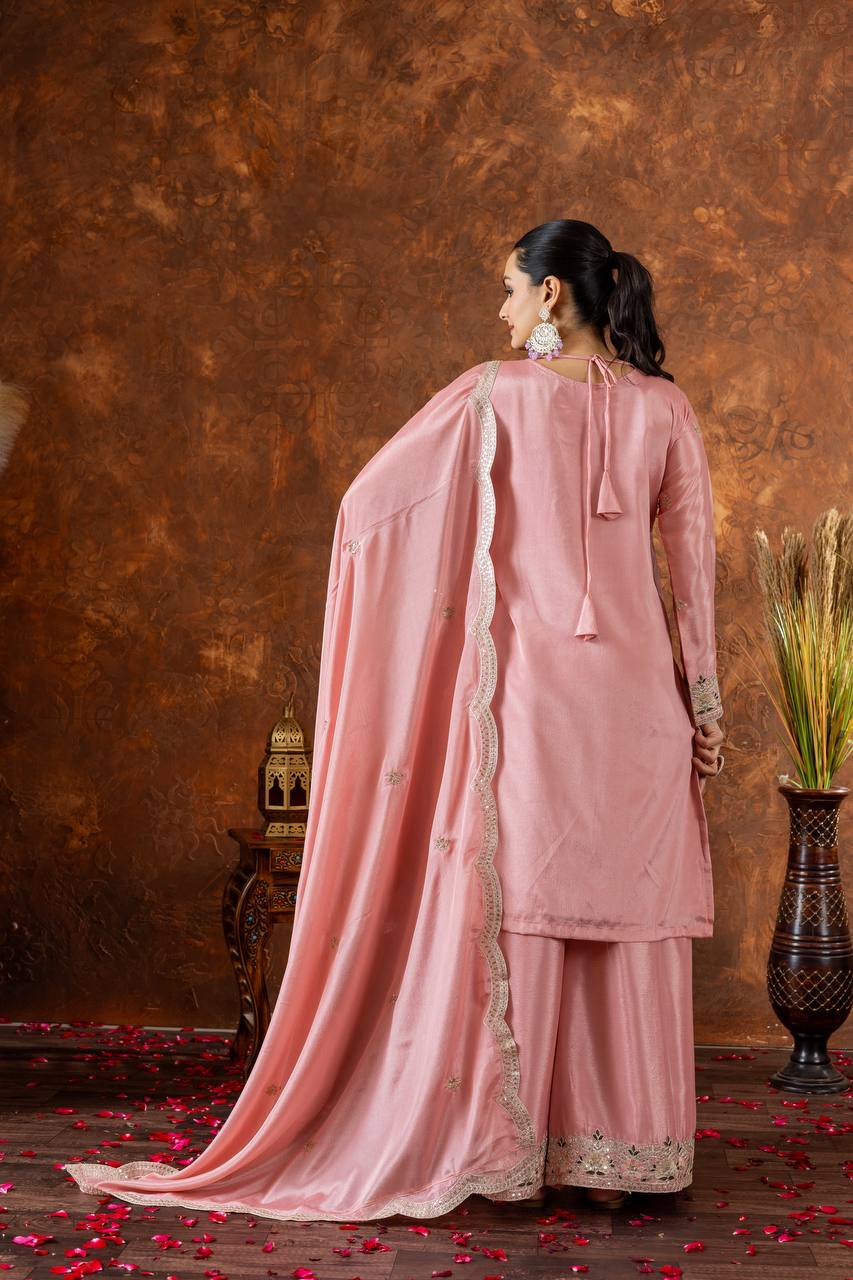 Party Wear Peach Color Heavy Chinon Silk With Embroidery Sequence And Coding Dori Work Palazzo Suit