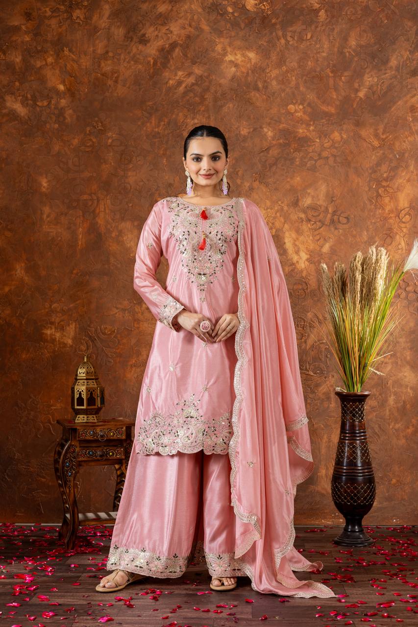 Party Wear Peach Color Heavy Chinon Silk With Embroidery Sequence And Coding Dori Work Palazzo Suit