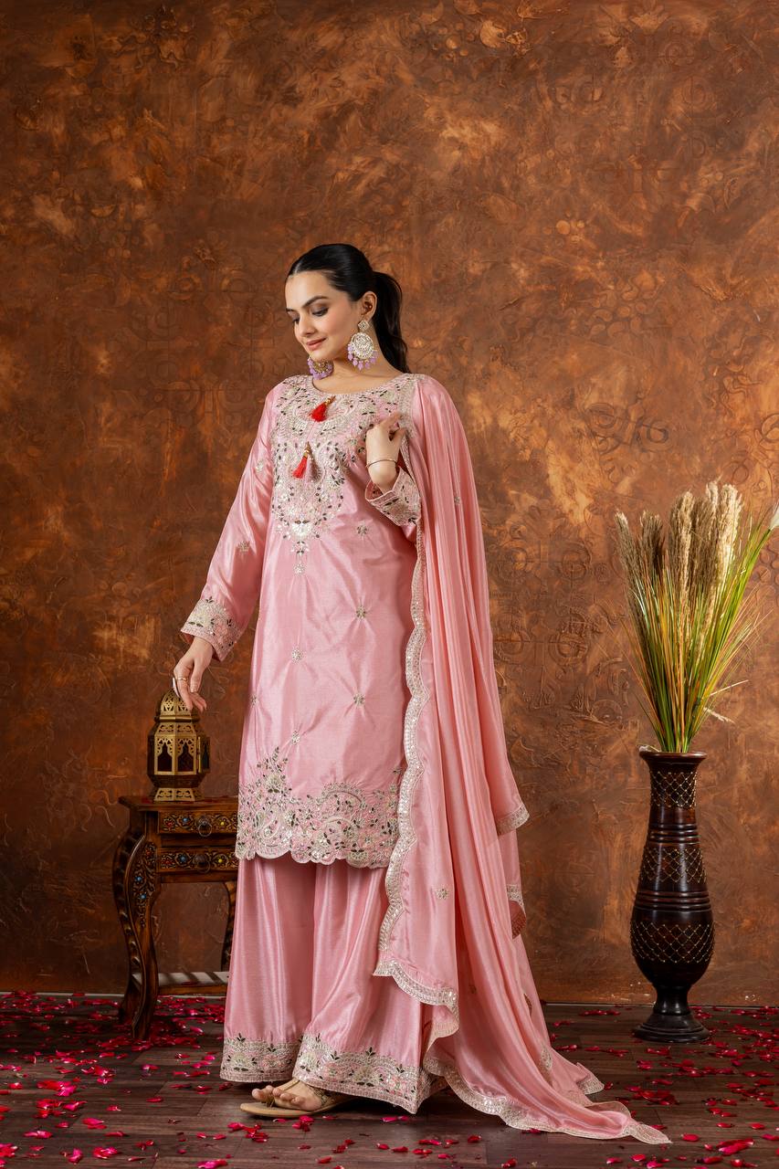 Party Wear Peach Color Heavy Chinon Silk With Embroidery Sequence And Coding Dori Work Palazzo Suit