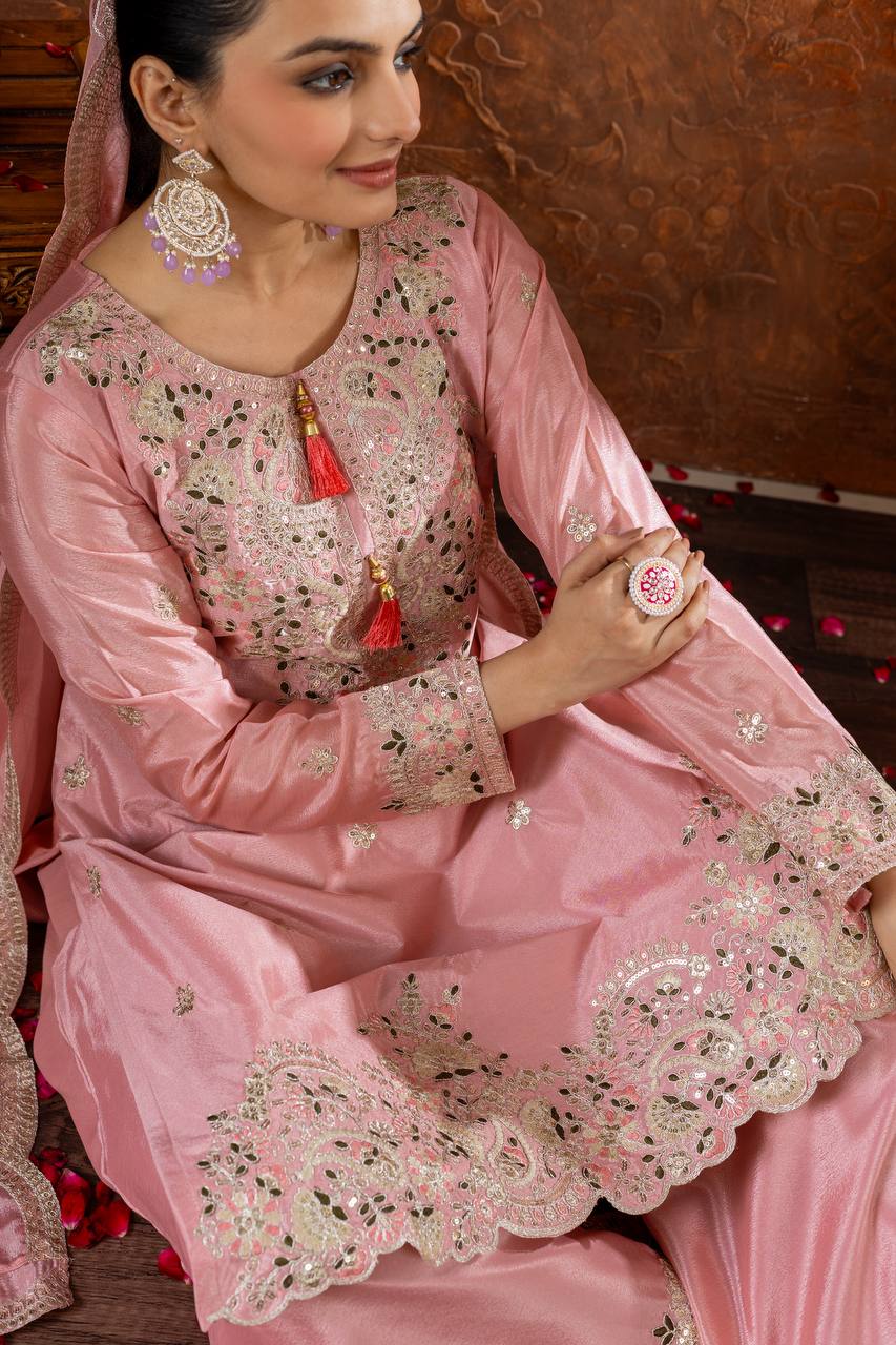 Party Wear Peach Color Heavy Chinon Silk With Embroidery Sequence And Coding Dori Work Palazzo Suit