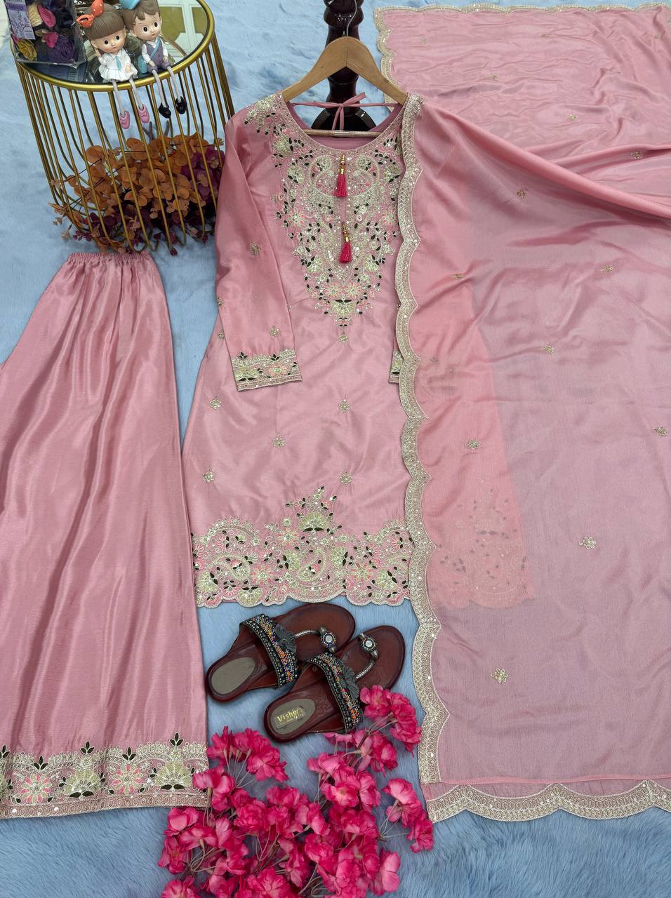 Party Wear Peach Color Heavy Chinon Silk With Embroidery Sequence And Coding Dori Work Palazzo Suit