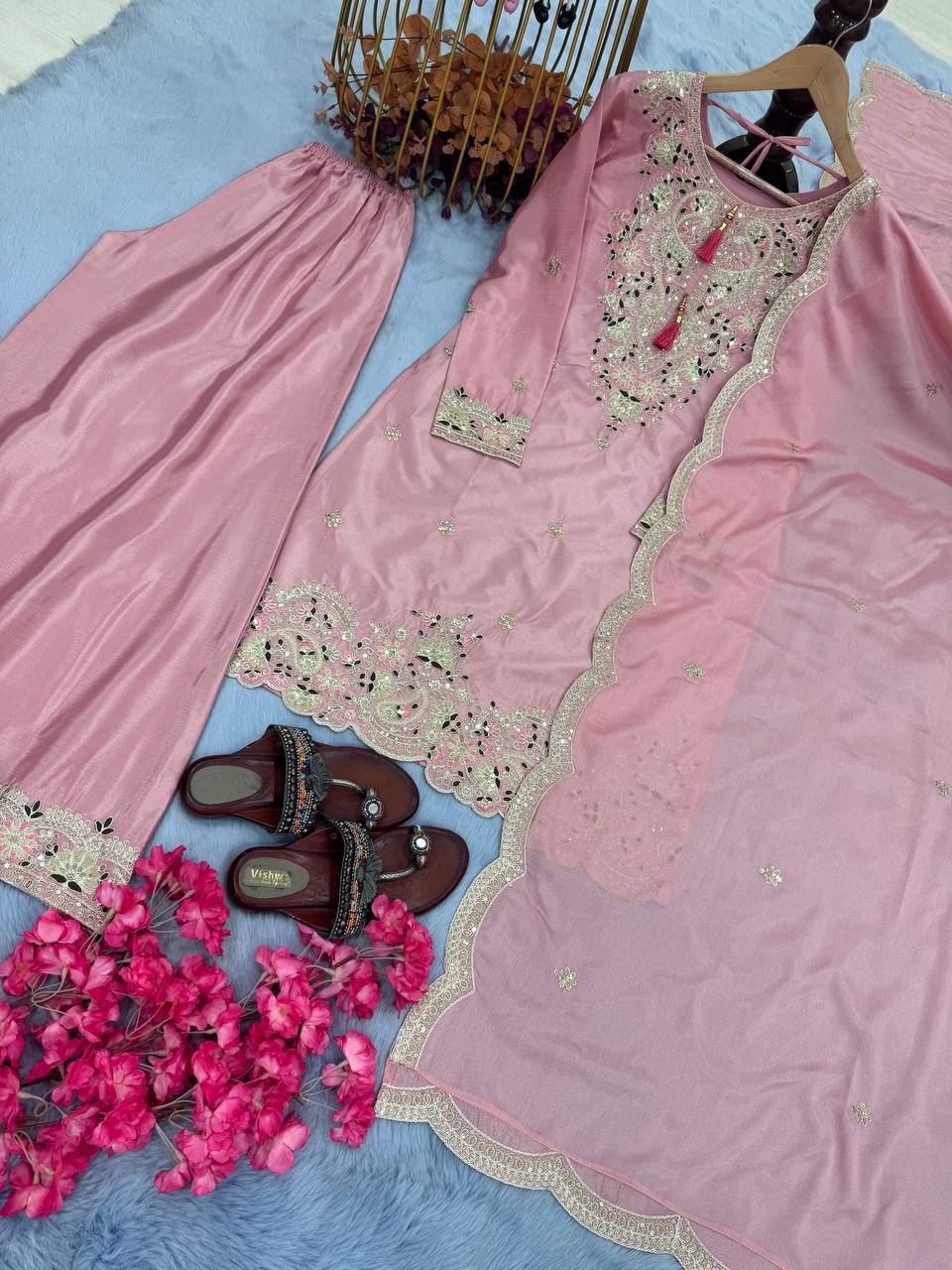Party Wear Peach Color Heavy Chinon Silk With Embroidery Sequence And Coding Dori Work Palazzo Suit