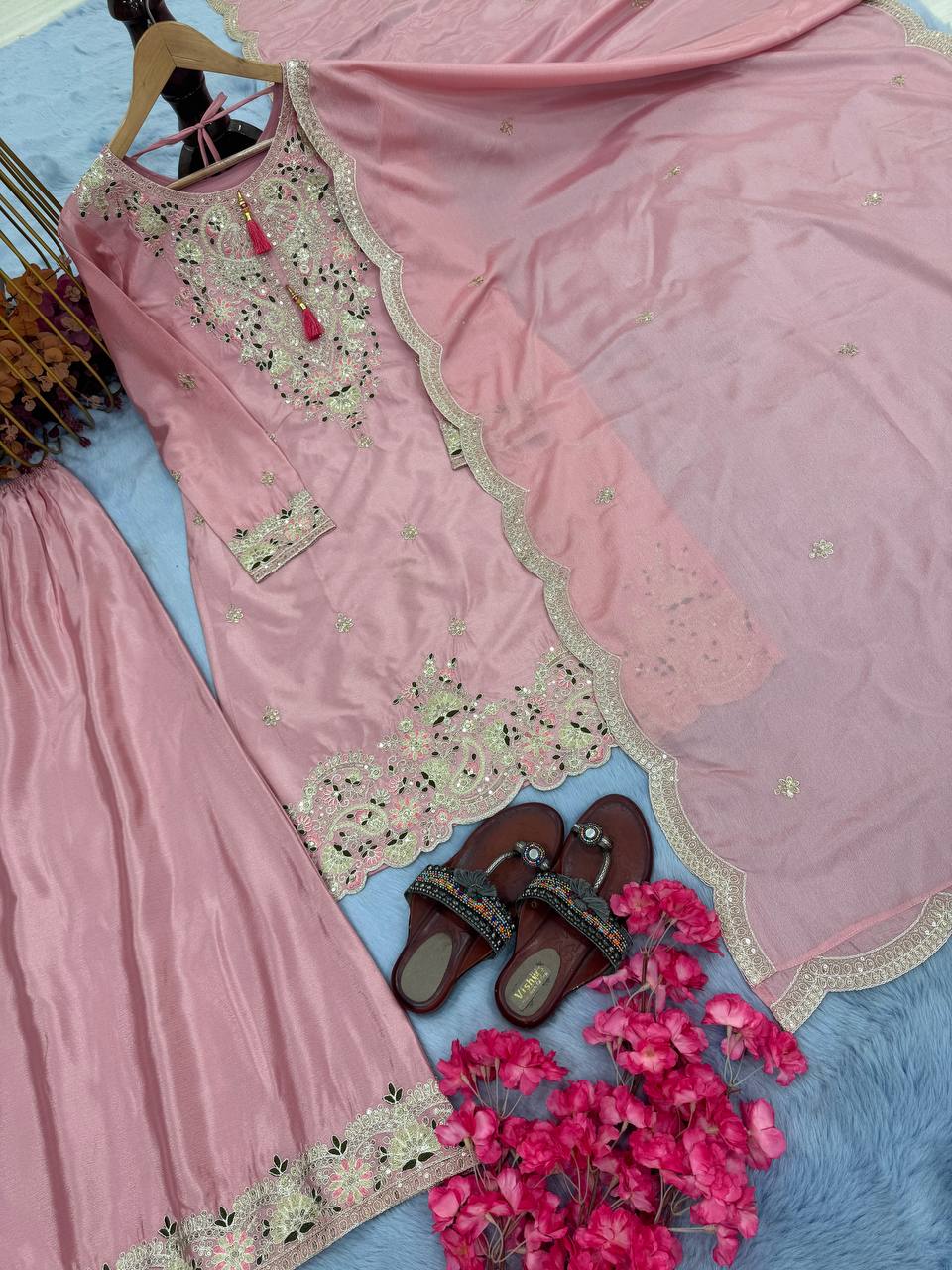 Party Wear Peach Color Heavy Chinon Silk With Embroidery Sequence And Coding Dori Work Palazzo Suit