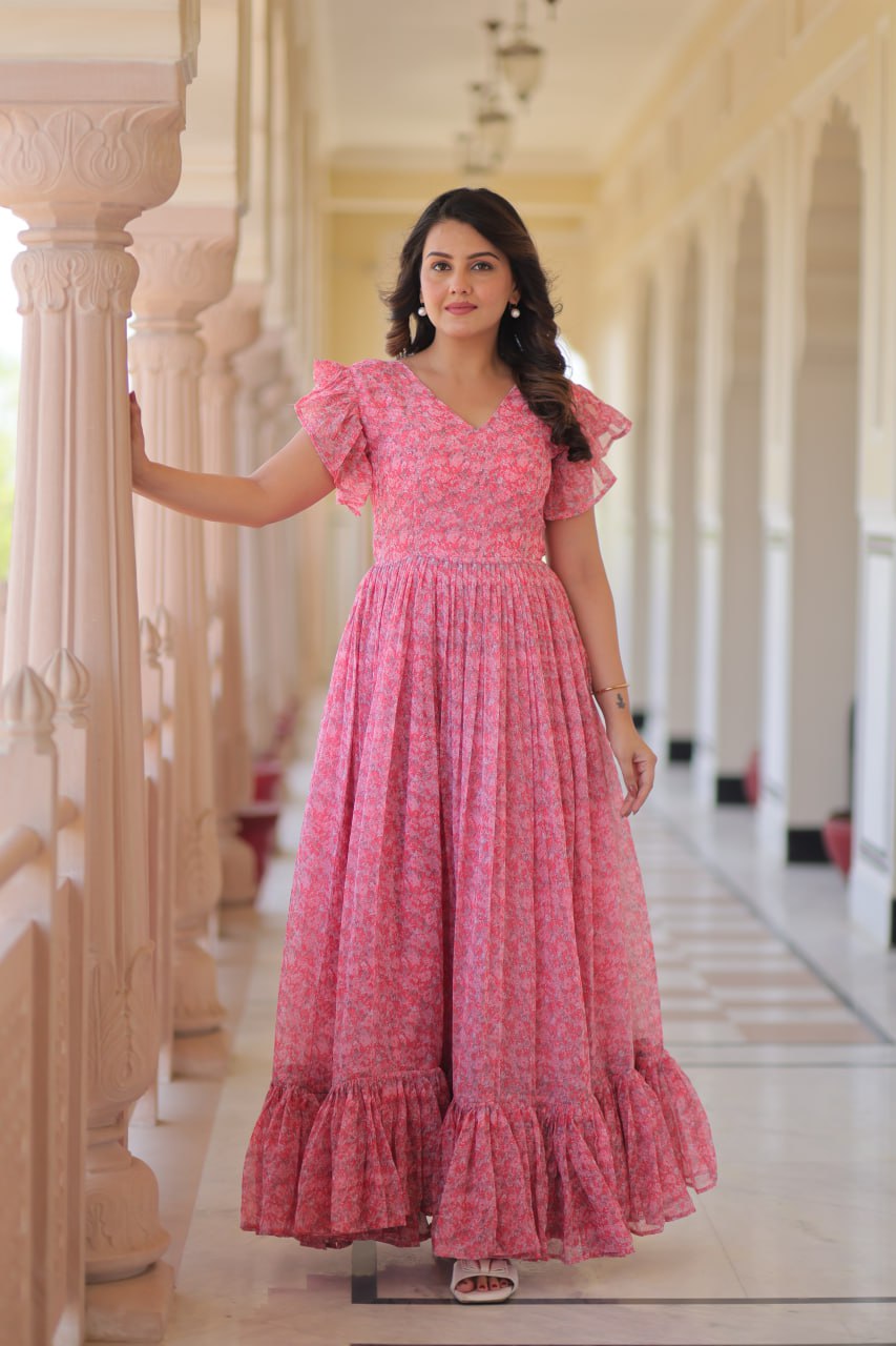 Presenting Baby Pink Color Faux Georgette With Printed Beautiful Gown