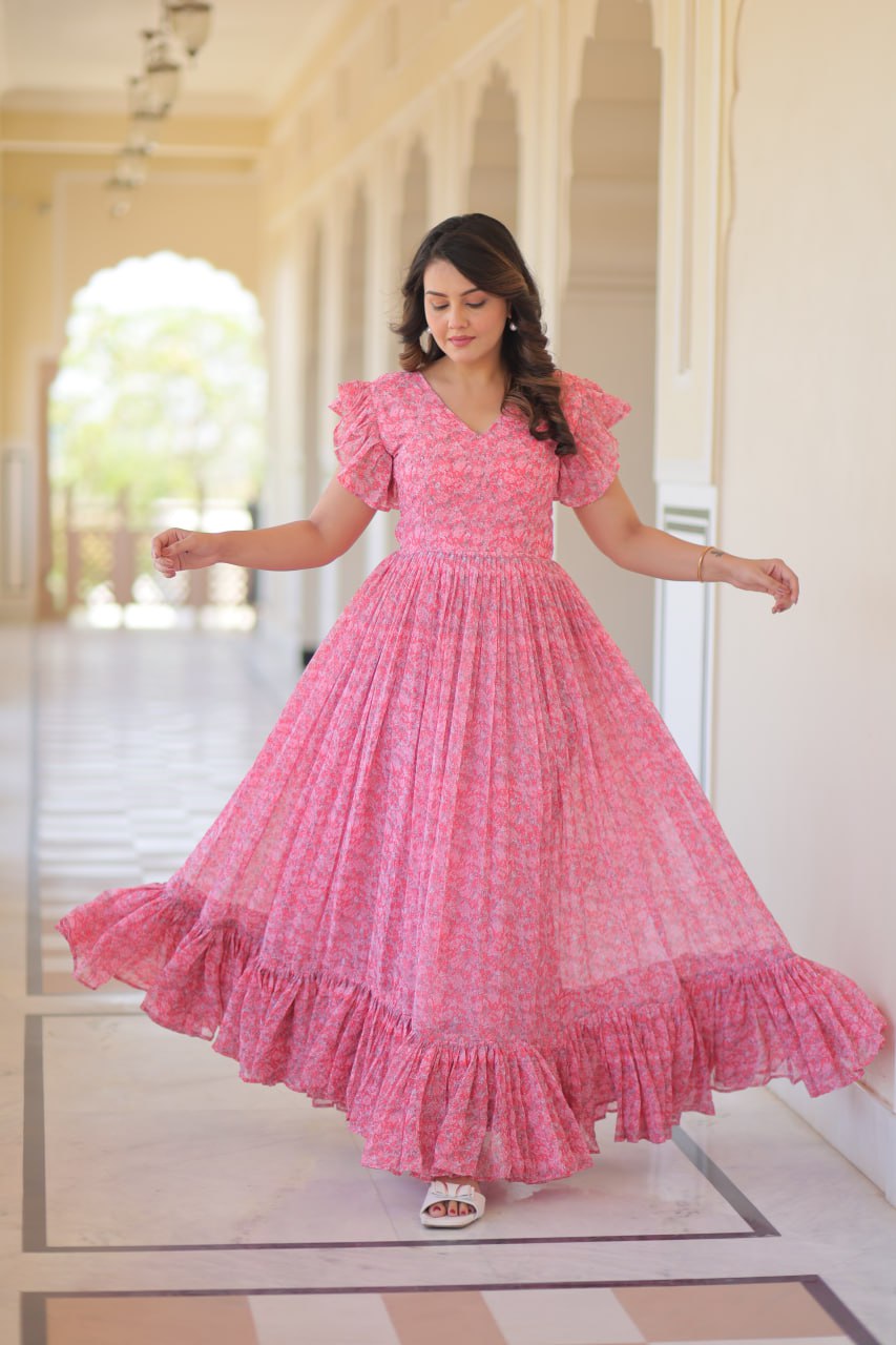 Presenting Baby Pink Color Faux Georgette With Printed Beautiful Gown
