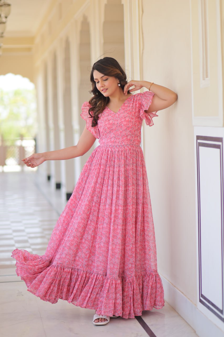 Presenting Baby Pink Color Faux Georgette With Printed Beautiful Gown