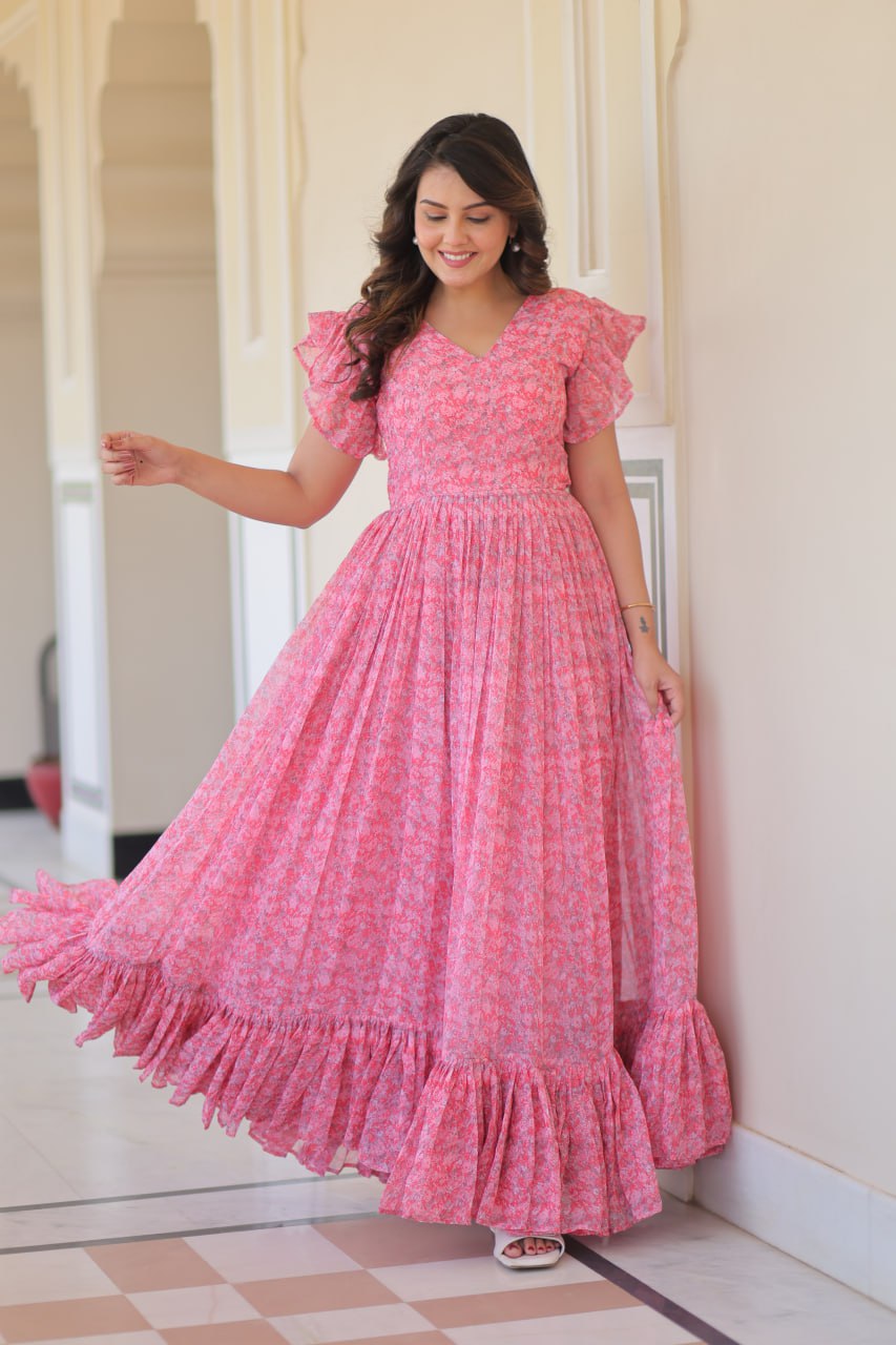 Presenting Baby Pink Color Faux Georgette With Printed Beautiful Gown