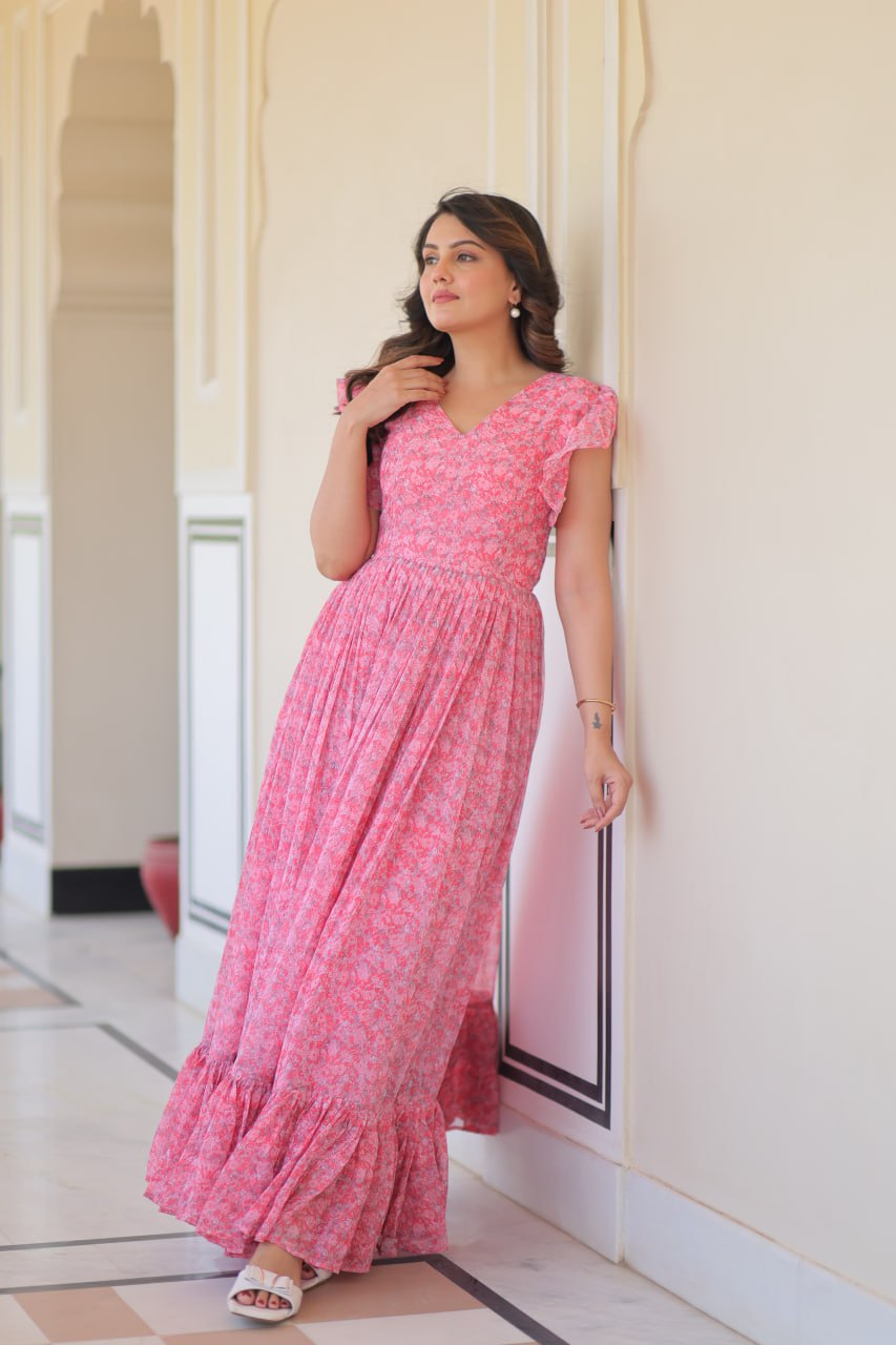 Presenting Baby Pink Color Faux Georgette With Printed Beautiful Gown