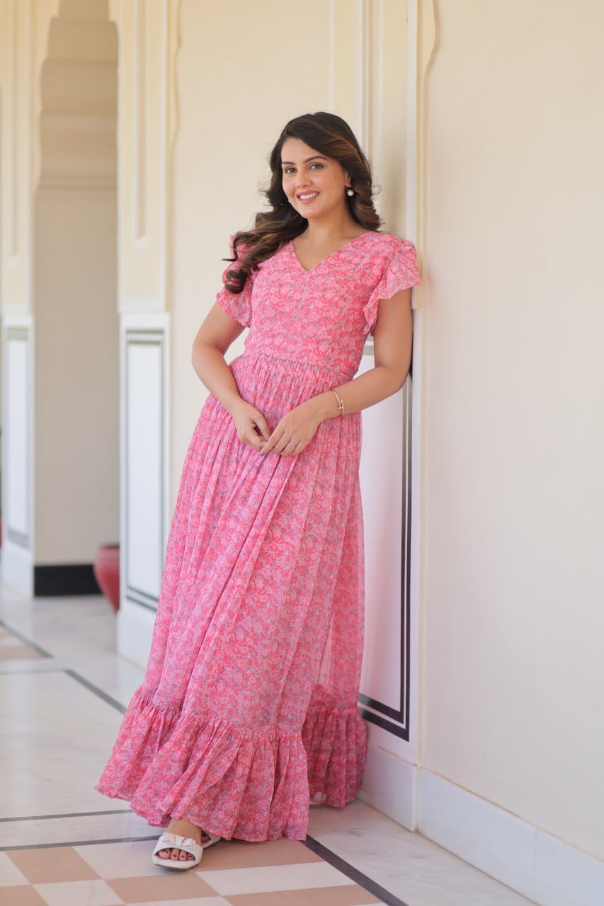 Presenting Baby Pink Color Faux Georgette With Printed Beautiful Gown