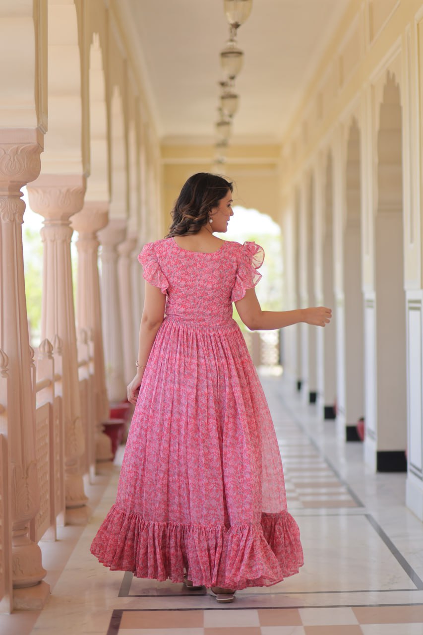 Presenting Baby Pink Color Faux Georgette With Printed Beautiful Gown