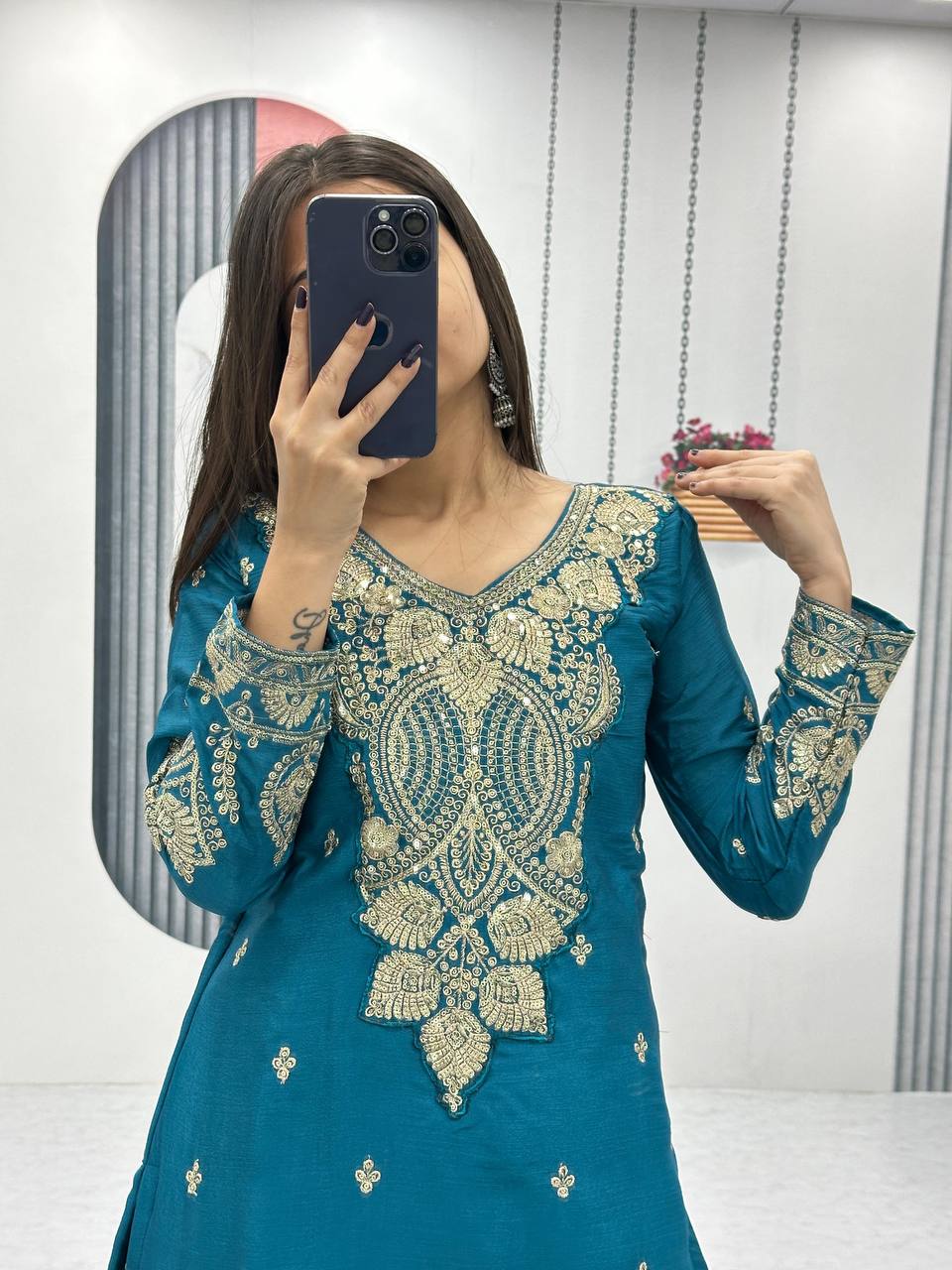Occasion Wear Teal Color Chinon Heavy Embroidery Thread And Sequence WorkPalazzo Suit